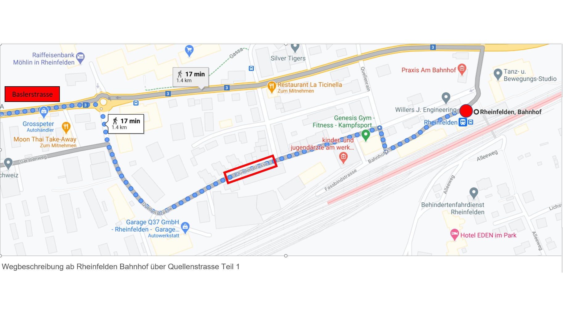 Wegbeschreibung ab Rheinfelden Bahnhof über Quellenstrasse Teil 1